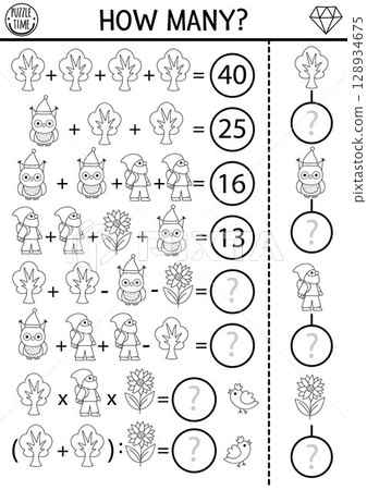Dwarf equation black and white game or rebus. Magic forest or woodland math activity. Simple printable counting worksheet or coloring page for kids with gnome, owl, sunflower 128934675