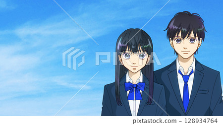 An expansive blue sky, anime-style illustration of high school or junior high school boys and girls, blank space on the left An expansive blue sky, anime-style illustration of high school or junior high school boys and girls, blank space on the left 128934764