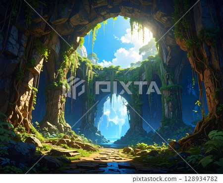 A cavern overgrown with dungeon-like vegetation 128934782