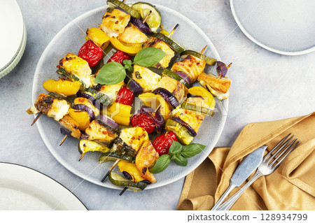 Grilled salmon kebab. 128934799
