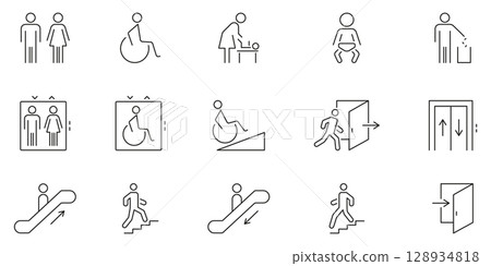 Public Facility Accessibility And Navigation Icons Set. Wayfinding Outline Symbol Collection. Restroom, Wheelchair Access, Baby Changing and Escalator. Editable Stroke. Isolated Vector Illustration 128934818