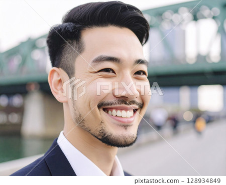 AI-generated image: Close-up of the face of a young bearded businessman outdoors 128934849