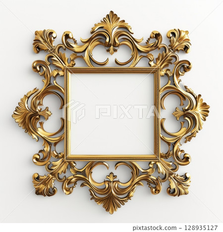 Openwork suare golden colored frame isolated on white background. 128935127