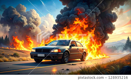 Realistic illustration of a burning car 128935216