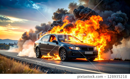 Realistic illustration of a burning car 128935218