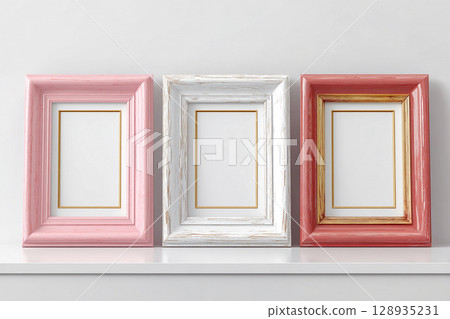 Marketing. Empty color photo frame for a collage of three photos in a minimalist style on a white background. Marketing. Empty color photo frame for a collage of three photos in a minimalist style on a white background. 128935231