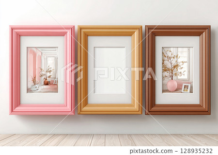 Modern design. Empty color photo frame for a collage of three photos in a minimalist style on a white background. Modern design. Empty color photo frame for a collage of three photos in a minimalist style on a white background. 128935232