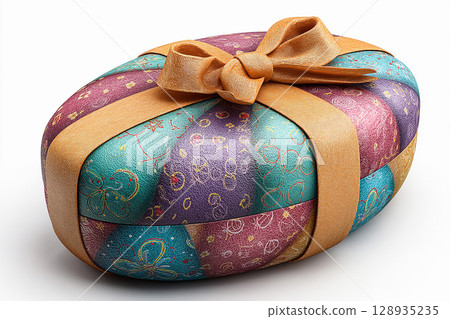 Elegant present. Easter egg shaped gift box on white background. Easter traditions. 128935235