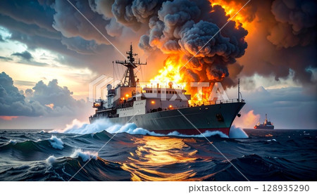 A tense illustration of a ship on fire at sea 128935290