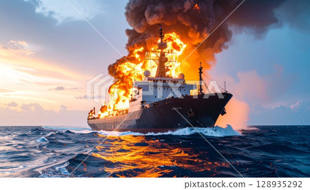 A tense illustration of a ship on fire at sea 128935292