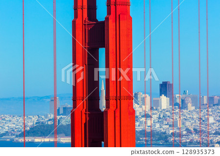 San Francisco Golden Gate Bridge through cables in California 128935373