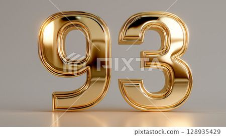 Gold 3D number 93 displayed on the simple background 128935429