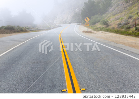 Foggy road in Calfornia Pacific Highway 1 US 101 128935442