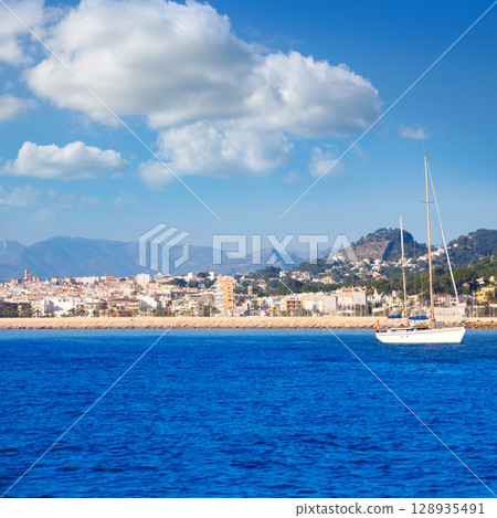 Javea Xabia skyline from Mediterranean sea Spain 128935491