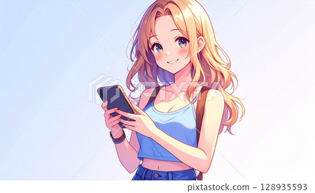 操作智能手機的女孩的插圖 128935593