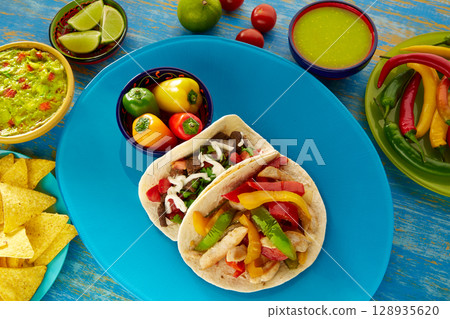 Mexican tacos chicken fajita and beef res taco 128935620
