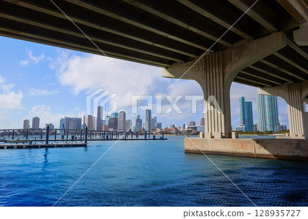 Miami downtown skyline  under bridge Florida 128935727