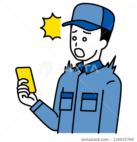 A man in overalls is surprised at the screen of his smartphone A man in overalls is surprised at the screen of his smartphone 128935760