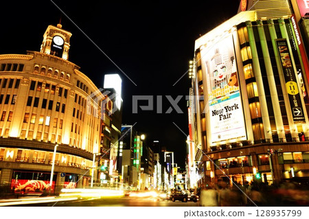 [Tokyo, Ginza] Night view of Ginza 4-chome intersection 128935799