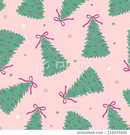 Seamless pattern with Christmas trees decorated with bows. Vector graphics. 128935808