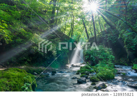 Karuizawa in summer: rays of light shining on Ryugaeshi Falls 128935821