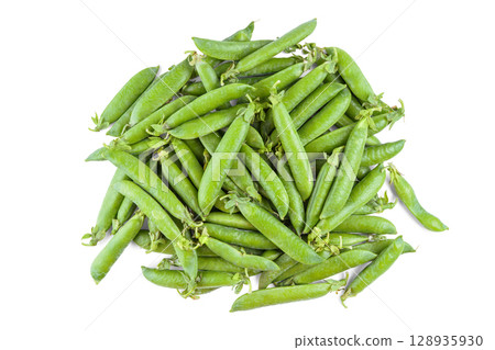 Fresh green pea pods isolated on white background, healthy raw vegetables, organic food and cooking 128935930