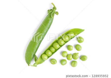 Open pea pod with green peas isolated on white background, healthy vegetables for diet and recipes 128935932
