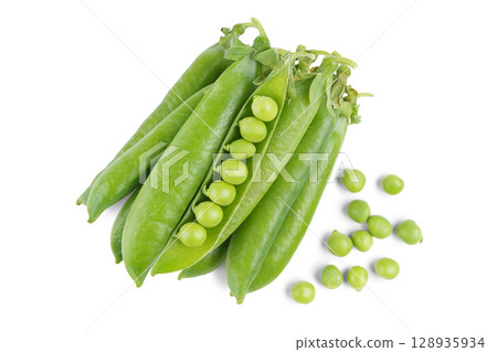 Open pea pod with green peas isolated on white background, healthy vegetables for diet and recipes 128935934