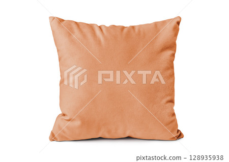 Decorative orange velvet rectangular pillow for sleeping and resting isolated on white background 128935938