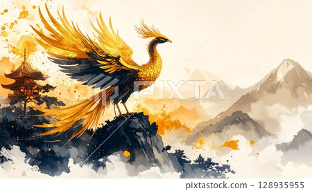 金閣寺頂鳳凰水墨畫 金閣寺頂鳳凰水墨畫 128935955