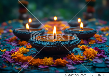 Traditional clay oil lamps glow brightly, their gentle flames illuminating vibrant flower petals scattered across a dark, rustic surface. 128936160