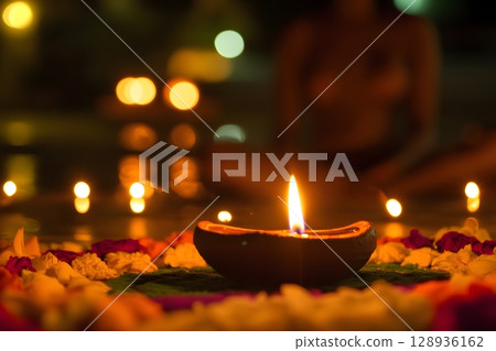 A traditional clay oil lamp burns brightly, casting a warm glow on colorful flower petals arranged in a peaceful night setting. A traditional clay oil lamp burns brightly, casting a warm glow on colorful flower petals arranged in a peaceful night setting. 128936162
