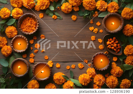 Vibrant orange marigold flowers and luminous candles in earthy bowls naturally border a rich wooden surface, creating a warm and inviting display. 128936190