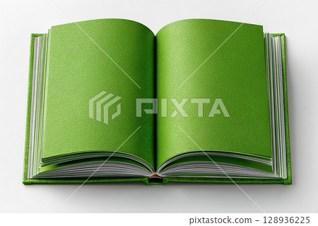 Personal journal. Green blank pages. Top view of open Notebook journal with blank pages on a white background. Mockup. Copy space. Personal journal. Green blank pages. Top view of open Notebook journal with blank pages on a white background. Mockup. Copy space. 128936225
