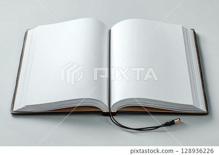 Classic notebook. Top view of open Notebook journal with blank pages on a white background. Mockup. Copy space. 128936226