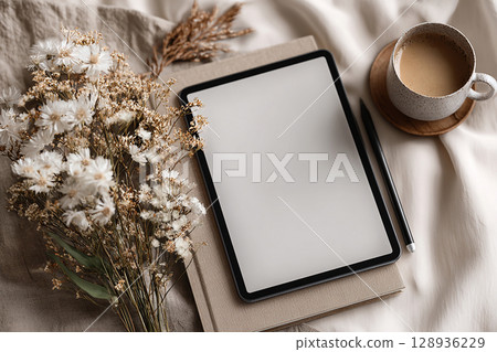 Presentation for Instagram. Copy space. Touch screen. Flat lay of tablet mockup with blank pages with a minimalistic design. 128936229
