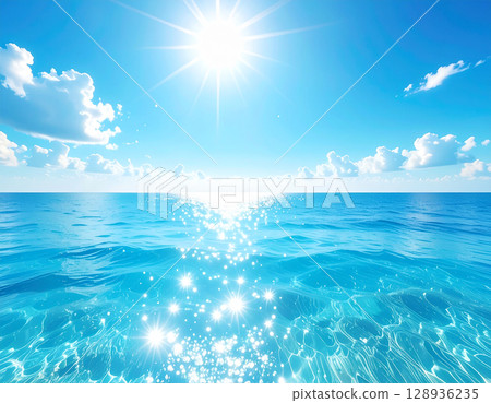 陽光明媚、白雲飄浮的藍天，波光粼粼的大海，美麗的地平線 128936235