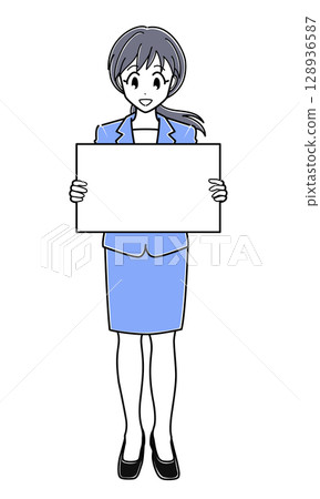 A suit-wearing office lady standing with a flip board (simple) 128936587