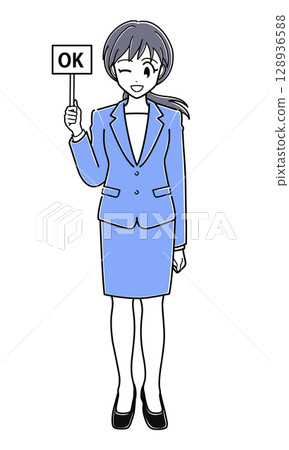 An office lady in a suit holding an OK sign (simple) 128936588