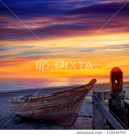 Almeria Cabo de Gata beached boats in the beach 128936745