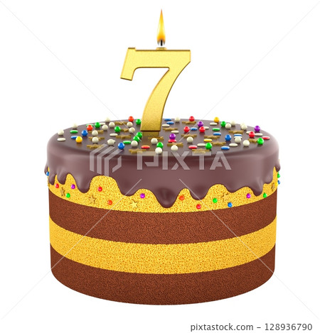 Chocolate birthday cake with number 7 candle. 3D rendering Chocolate birthday cake with number 7 candle. 3D rendering 128936790