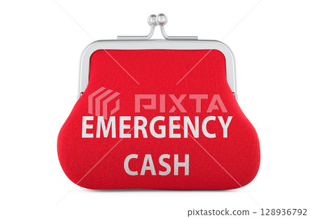 Emergency Cash, red coin purse. 3D rendering Emergency Cash, red coin purse. 3D rendering 128936792