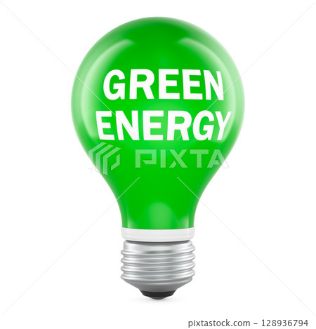 Green Energy concept with green light bulb. 3D rendering Green Energy concept with green light bulb. 3D rendering 128936794