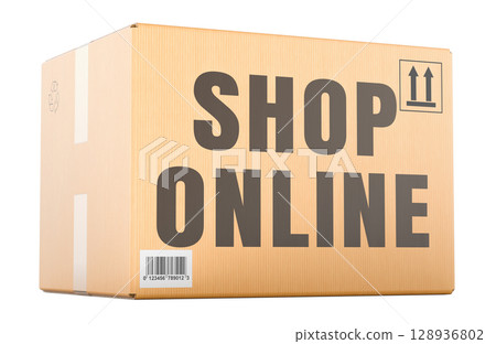 Shop Online concept with cardboard box. 3D rendering 128936802