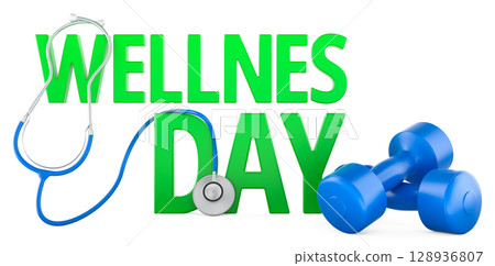 Wellness Day concept with stethoscope and dumbbells. 3D rendering Wellness Day concept with stethoscope and dumbbells. 3D rendering 128936807