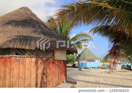 tropical wood hut palapa in Cancun Mexico tropical wood hut palapa in Cancun Mexico 128936820
