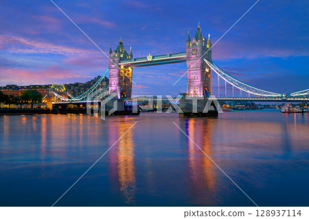 London Tower Bridge sunset on Thames river 128937114