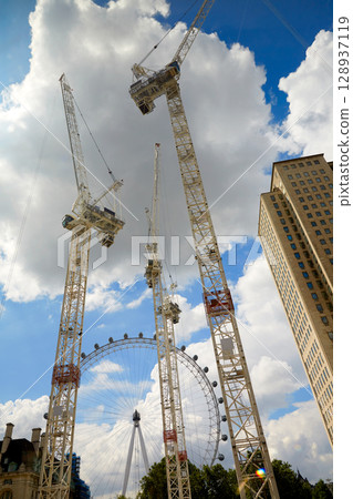 London with construction cranes downtown 128937119