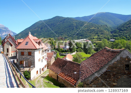 Hecho valley village stone streets in Pyrenees 128937169