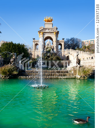 Barcelona ciudadela park lake fountain and quadriga 128937188